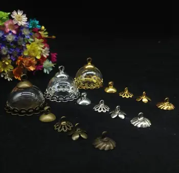 

20ets/lot 18mm half round bottle glass dome double lace base cap set glass vial pendant jewelry glass globe bottle necklace gift