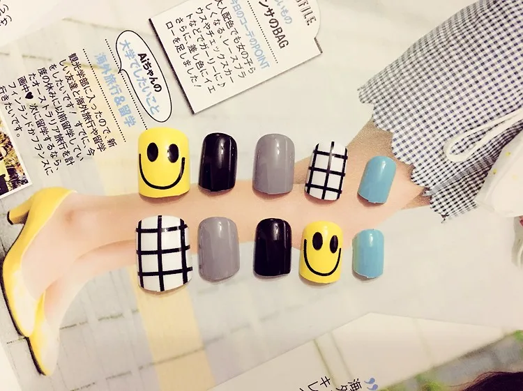 24pcs Finished Manicure Yellow Smiley Face Lovely Nail Strips Fake Nails Contains No Glue Fake Nails Nails Fakeyellow Nail Aliexpress