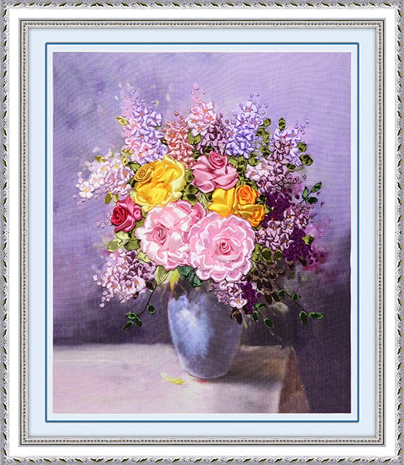 

3D silk ribbon for embroidery canvas art diy cross stitch embroidery set bordar accesorios borduren printed cloth painting