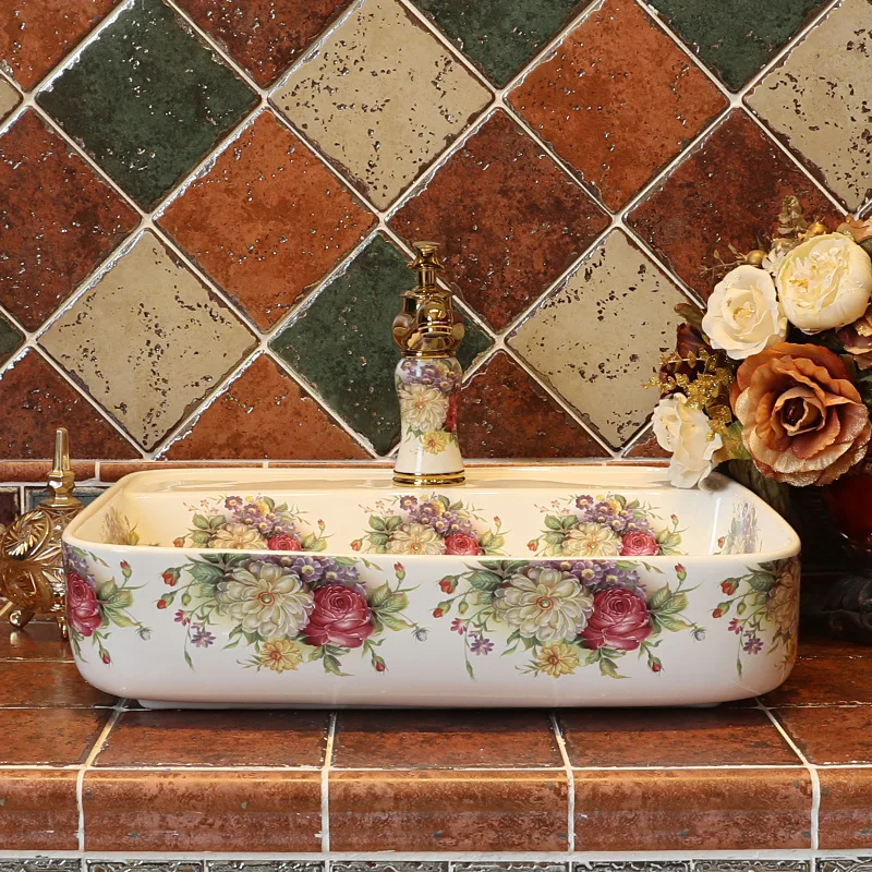 

Rectangular Countertop Ceramic Bathroom Vessel Sink Wash Basin bathroom vintage wash basin rose pattern