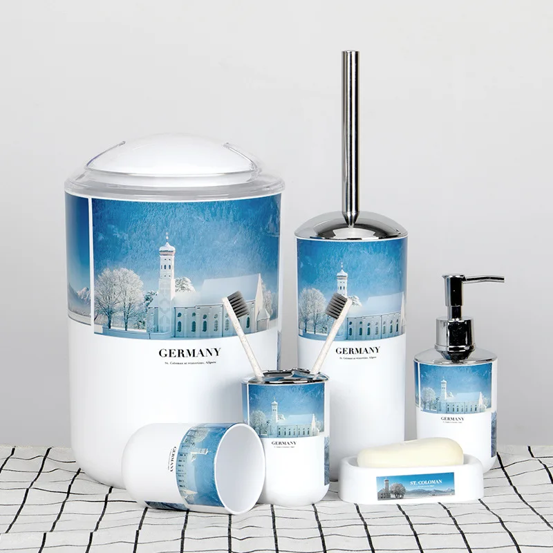 

6 Pieces Bathroom Accessories Set,Plastic Toothbrush Holder, organizer and storage, 6 pieces in a set SNOWING GERMANY THEME