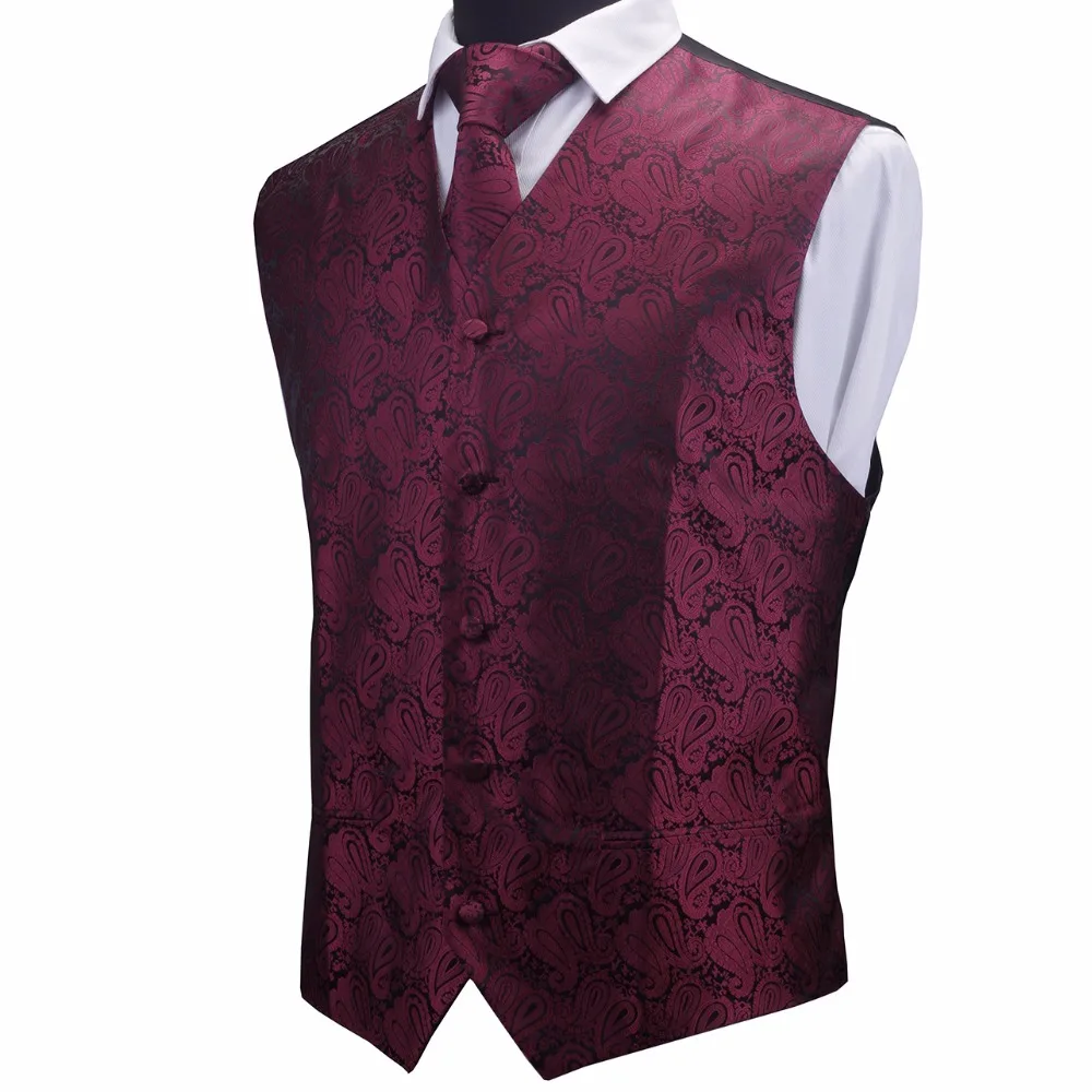

GUSLESON Mens Waistcoats Slim Fit Men Vest & Necktie & Handkerchief Set Paisley Coletes Chaleco Hombre For Party Wedding
