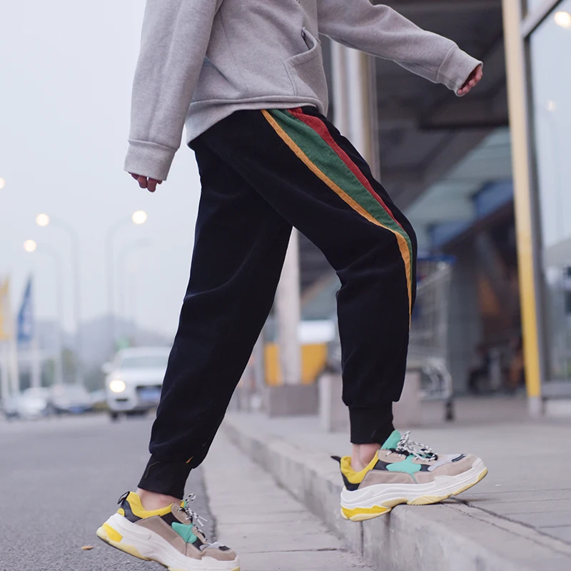 

Fashion Casual Men's Cropped Trousers Autumn New M-5XL Corduroy Color Matching Loose Beam Pants Black Personality Youth Popular