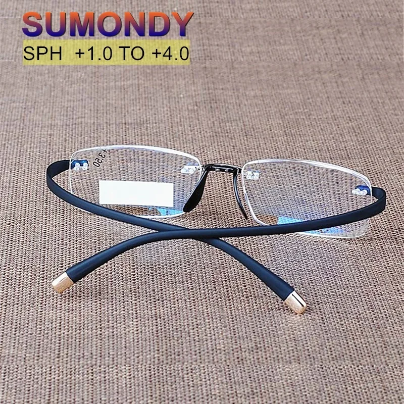 Tanie SUMONDY ekskluzywny niezwykle elastyczna świątynia Rimless okulary do czytania mężczyźni kobiety okulary powiększające wizja okulary Presbyopic R104