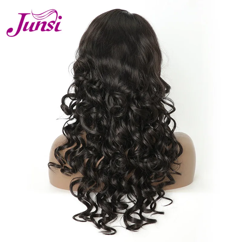 JUNSI длинные черные Искусственные парики для женщин Bouncy Curly Naturaly черный цвет женский термостойкий парик