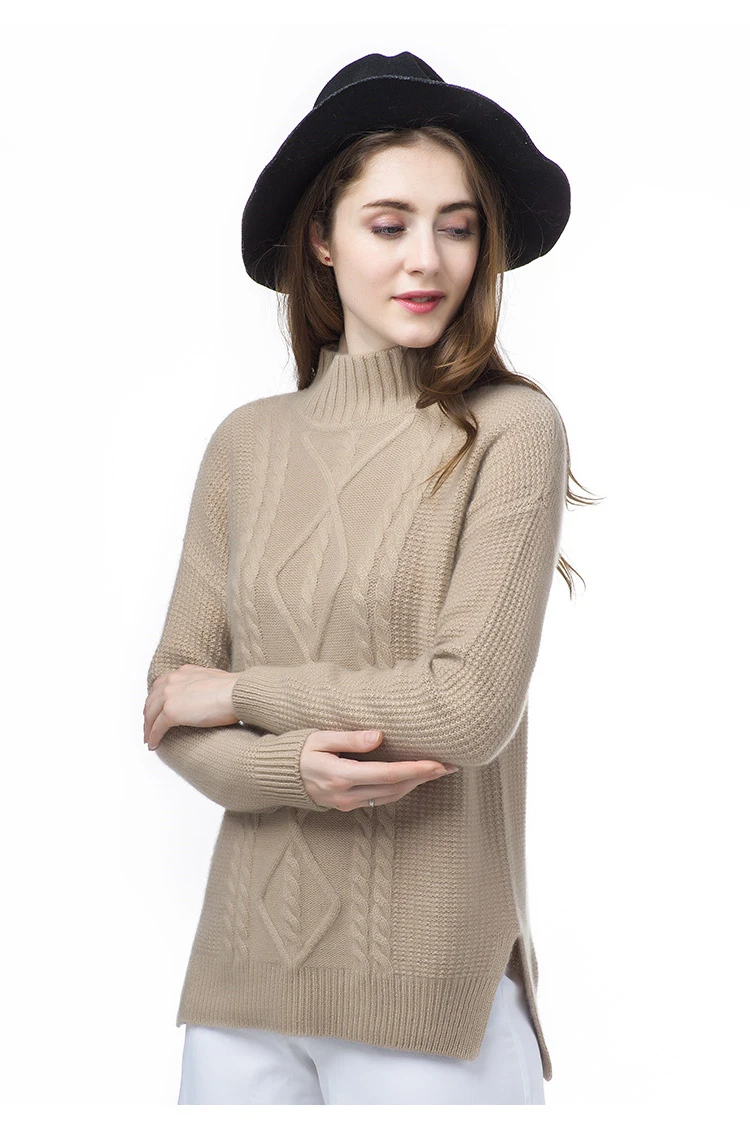 top grade 100%goat cashmere twisted knit women boutique thick pullover sweater half-high collar ope