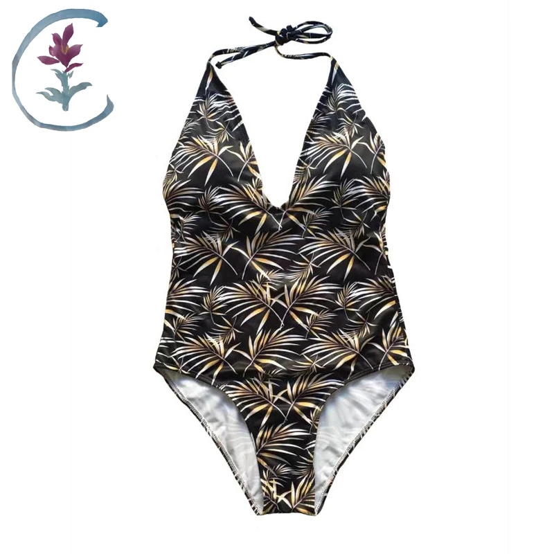 CATTLEYA Print Bandage One Piece Swimsuit Women Swimwear V Neck Cut Out