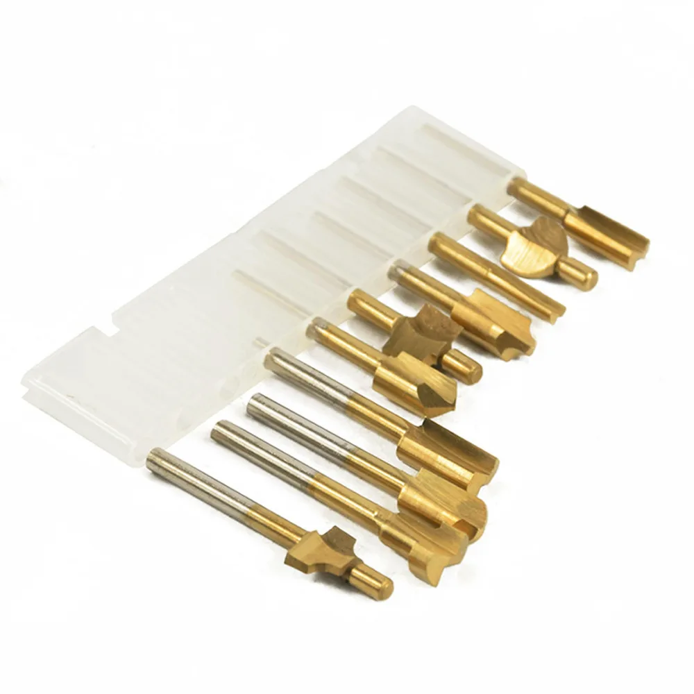 

10pcs Set Box 3mm HSS Titanium Router Bits Wood Cutter Milling Fits Rotary Tool Engraving Machine Knife Sharpening Slot