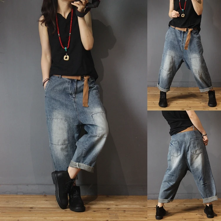 

Spring Autumn Women Casual All-match Loose Plus Size Vintage Denim Cross-Pants Bleached Water Washed Denim Trousers