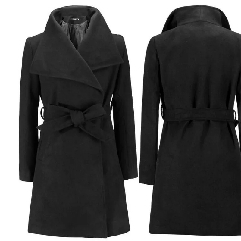 Горячая Распродажа, однотонное длинное шерстяное пальто для женщин, высокое качество, зимний Тренч, Шерстяное приталенное осеннее зеленое пальто, верхняя одежда, куртки - Цвет: Черный
