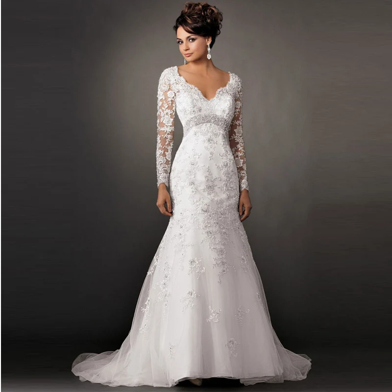 Sexy V Neck trumpet/mermaid wedding dress 2015 long sleeve white lace ...