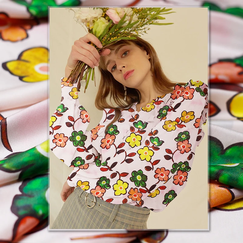 

Pearlsilk 12momme lovely Flowers printed crepe de chine 100%mulberry silk summer dress shirt DIY clothes fabrics Freeshipping