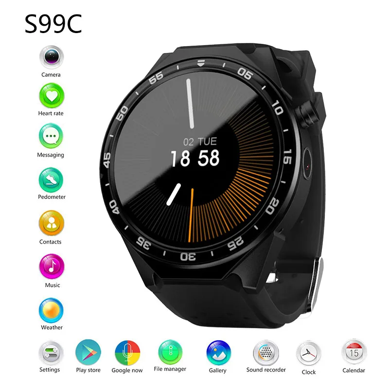 

S99C Bluetooth Smart Watch with Camera 1GB RAM 16GB ROM Support SIM Card 3G WIFI GPS Smartwatch for Android IOS Phone PK KW88
