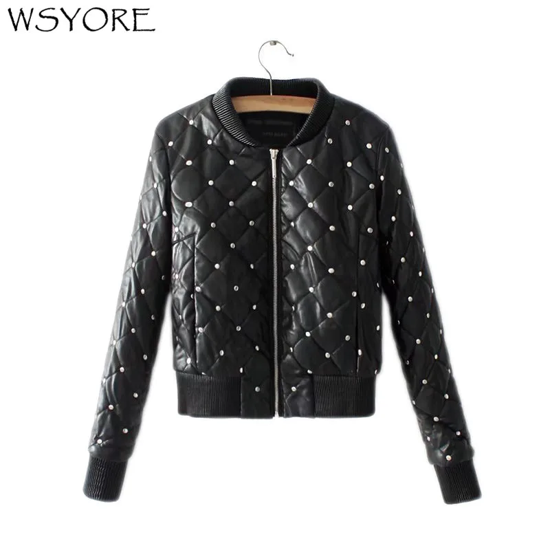

WSYORE Simple Black Slim Prismatic Rivets Locomotive Short Faux Leather PU Jacket Women 2018 New Autumn and Winter Coats NS444