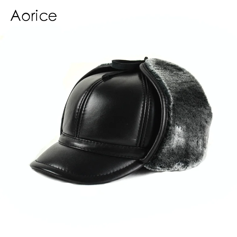 

HL166-F Genuine leather baseball cap hat men's winter brand new cow skin leather sport hats caps black with Faux fur inside
