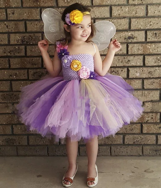 1Set Girls Purple Flower Tutu Dress Baby Fluffy Tulle Dress with Butterfly Wing and Headband