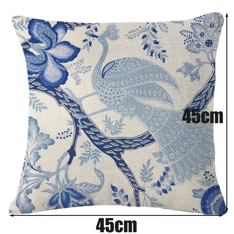 Chinese Style Vintage Blue Flowers Series Cushion Cover Cotton Linen Throw Pillow Case for Home Bedroom Decoration Pillowcase
