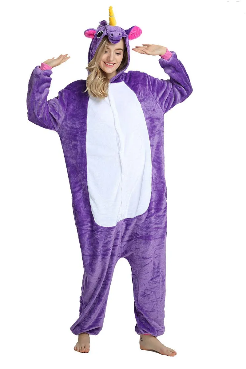 Фланелевые пижамы унисекс для взрослых с рисунками животных, Ститч, панда, единорог,, зимние теплые комплекты для сна для женщин и мужчин - Цвет: Purple unicorn tenma
