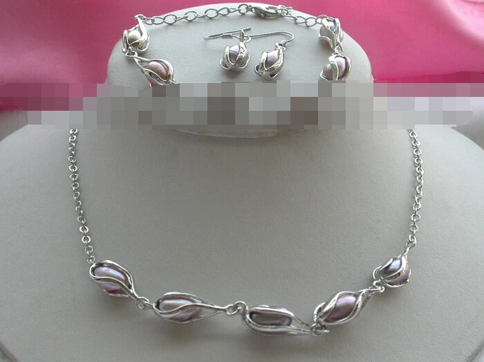 

free shipping 12565 Genuine Natural Purple Pearl Necklace Bracelet Earrings set (A0423) -Bride jewelry free shipping