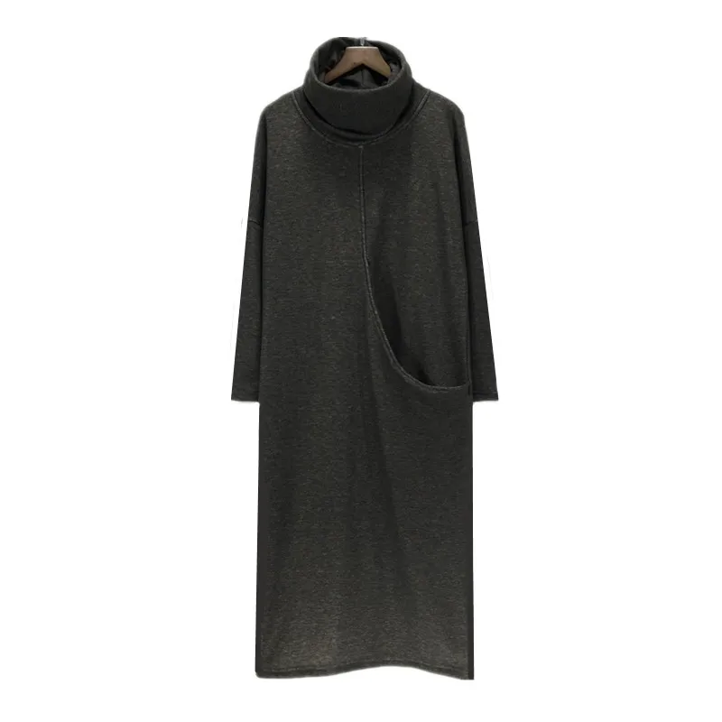 Зимнее женское плотное вельветовое платье с большим карманом размера плюс S-6XL модное осеннее платье с высоким воротом, весенние платья черного цвета - Цвет: Темно-серый