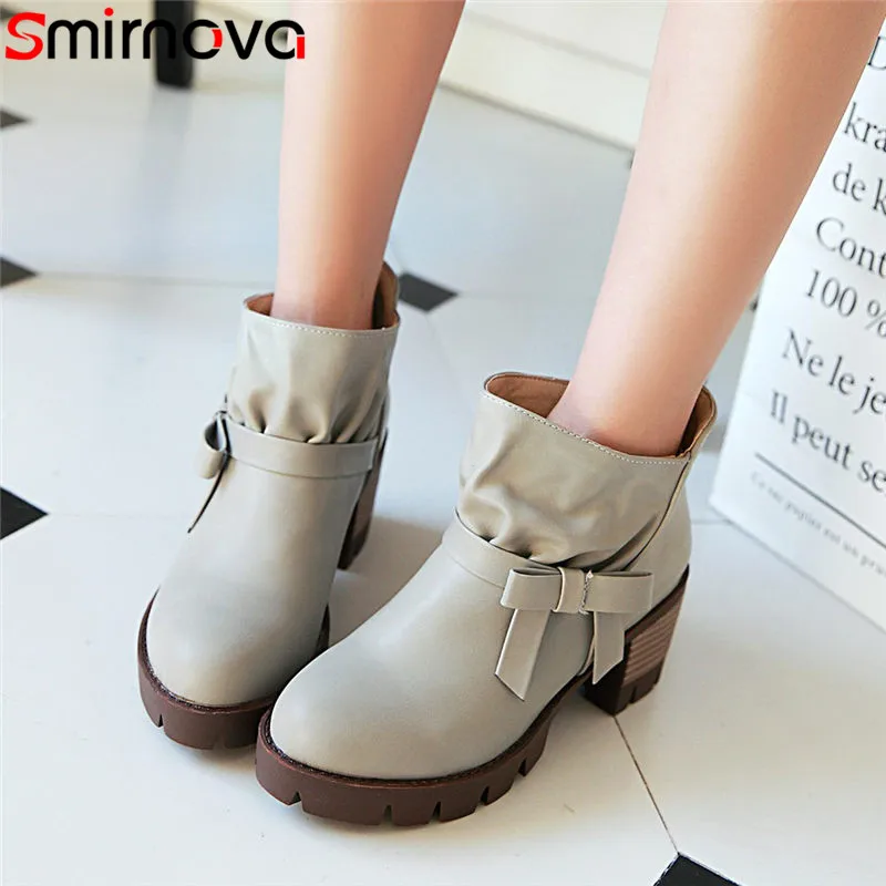 

Smirnova new hot 2020 winter women fashion boots round toe butterfly knot casual platform ankle boots slip on high heel boots
