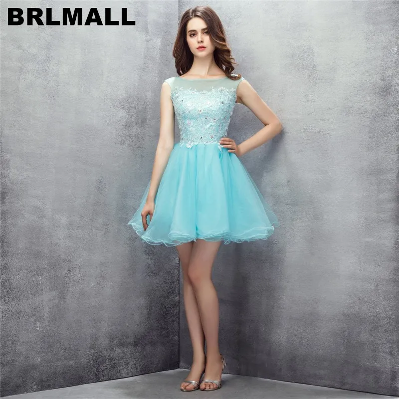 

BRLMALL Simple Cheap Blue Homecoming Dresses Lace Appliques Beaded Short Graduation Dress Tulle Party Gown vestidos de 15 cortos