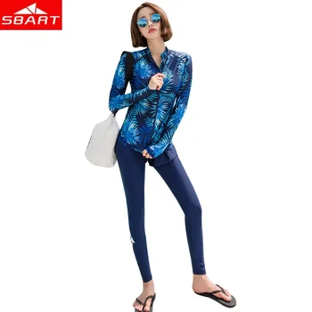 

SBART Women Basic Skins UPF 50+ Long Sleeve Rash Guard Front Zipper Shirt Swim Surfing Snorkeling Tee Tights Shorts set Swimsuit