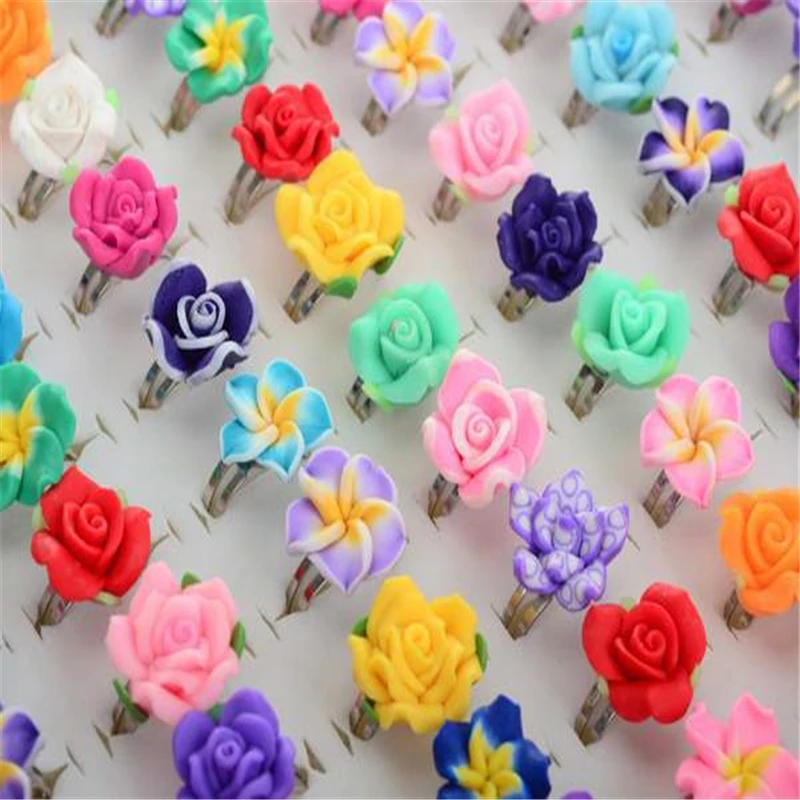 Mixed Colors Polymer Clay Children Kids Flower Finger Rings 10Pcs PINKSEE Lovely Fashion Jewelry For Gift Adjustable ring set finger ring adjustable rings