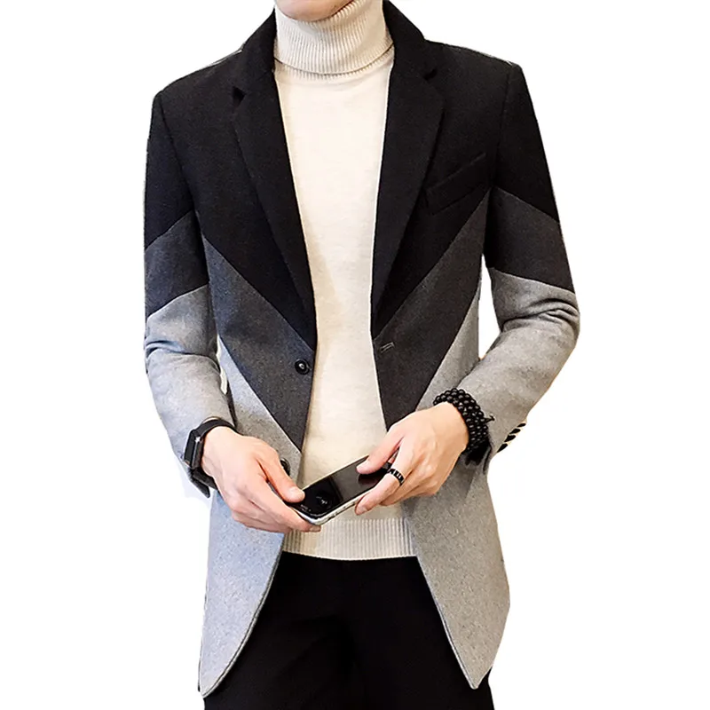 

Winter thickening long woolen coat / fashion men's casual stitching Korean version of the color wool warm fashion trench coat