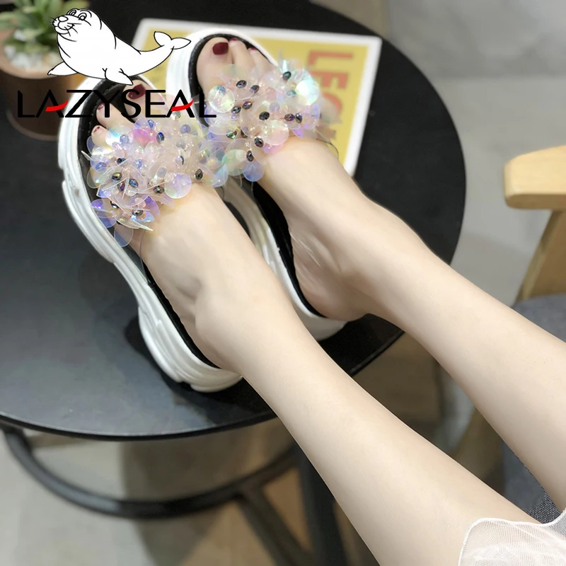 LazySeal Transparent Bling Platform Slippers Women New Summer Shoes With Crystal Diamonds Wedge Ladies Flip Flops Woman Slides