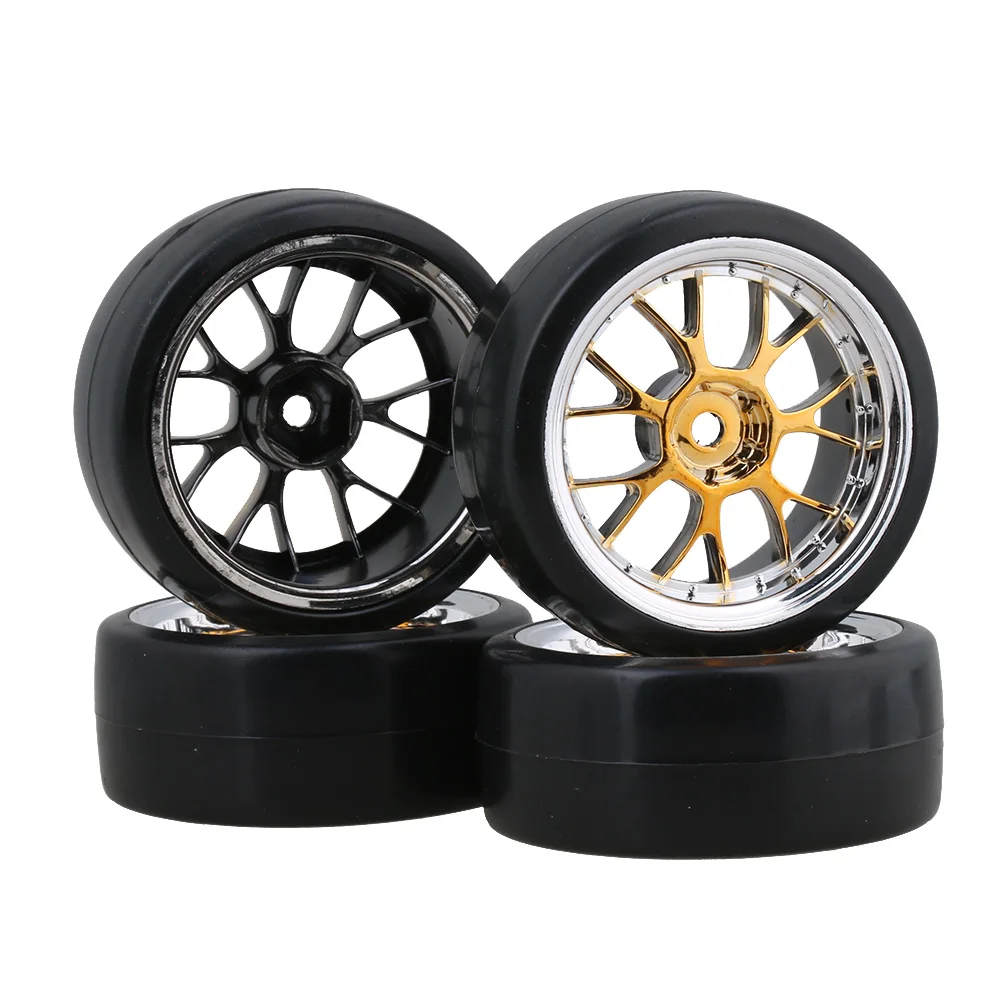 10 Racing Drift Car Smooth Black Plastic Tires and Green Wheel Rims 4pcs RC 1