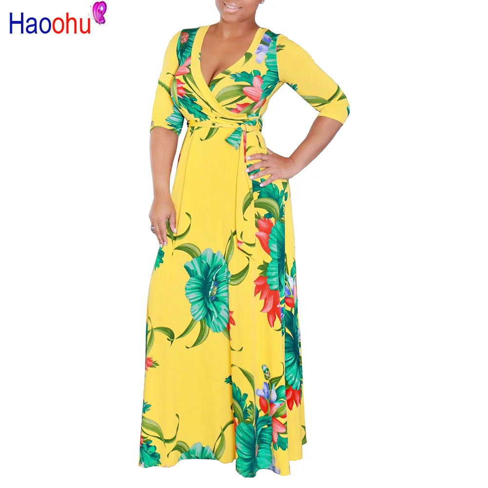 

HAOOHU5XL Long Maxi Dress Print Plus Size Sexy Casual Summer Beach Clothes Women Vestidos Elegant Robe Boho Party Club Dress