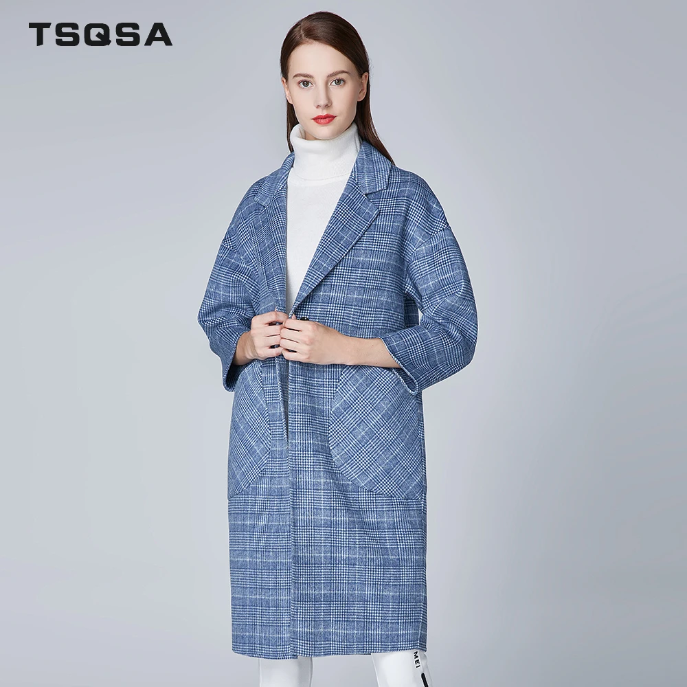 TSQSA 80 Wool Female Coats Women Blends Woolen Clothing New Blue Lady