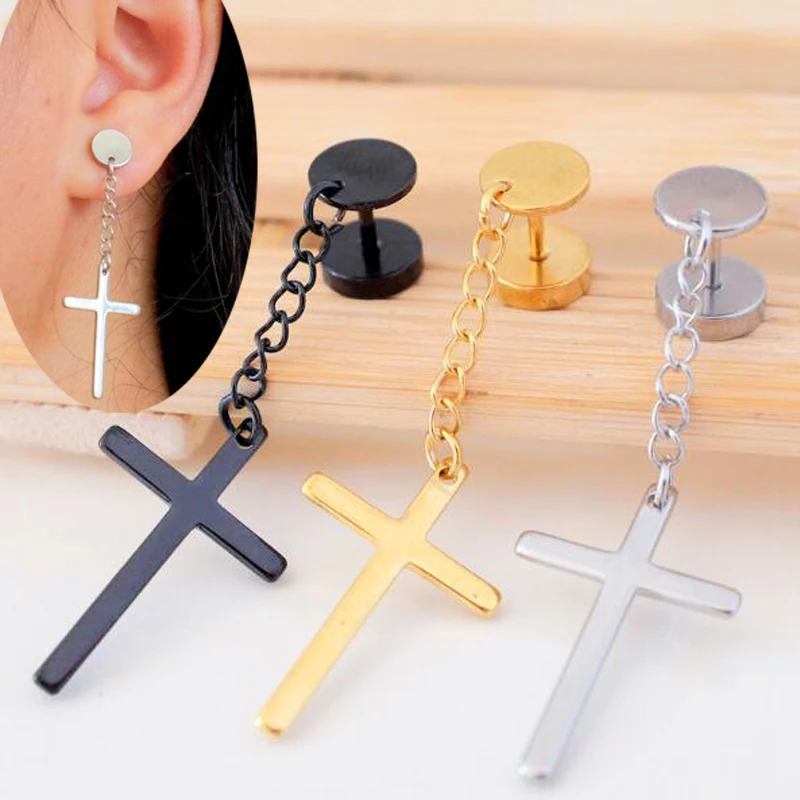 1pair 316L Stainless Steel barbell Round Cross Pierced Punk Men Stud Earrings 1pair 316L Stainless Steel barbell Round Cross Pierced Punk Men Stud Earrings