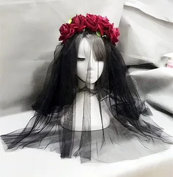 

Lolita Dark Red Rose Flower Hair Crown Garland Headband Vintage Festival Boho Goth Veil Hairs Accessories Goth