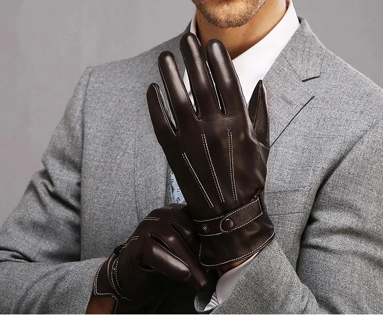 Высокое качество, мужские зимние теплые однотонные перчатки из натуральной кожи для вождения, модные перчатки на запястье с пуговицами, перчатки из овчины, распродажа,, M009NC