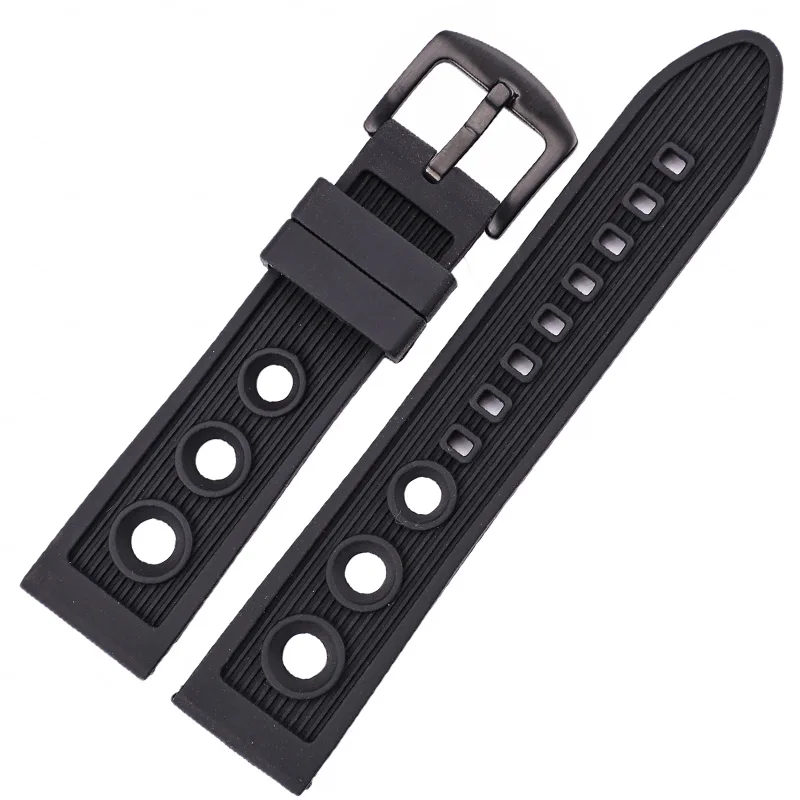 Men's Soft Diving Watch Band with Metal Pin Buckle in Black and Blue Rubber