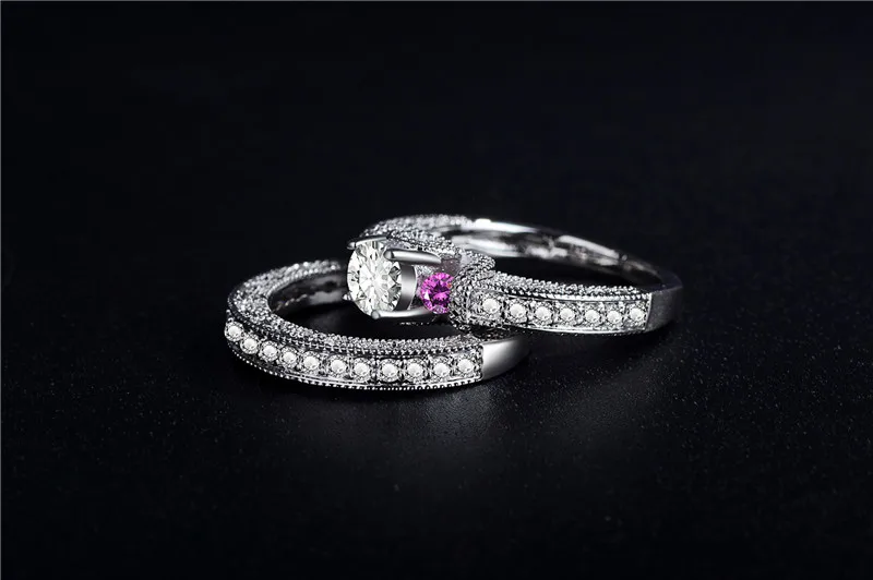Trendy Exaggerated 585 White Gold Color Couple Rings For Women With 2 Pink Zircon Ring Sets Wedding Jewelry Anillos Mujer DM040 (7)