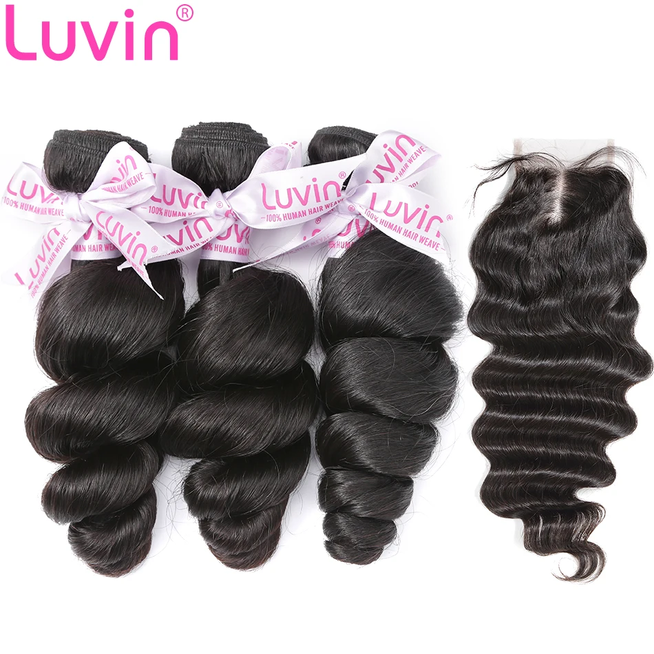 

Luvin Loose Wave 8- 28 30 Inch 3 4 Bundles Brazilian Remy Human Hair Weave With 4x4 Lace Closure Bleached Knots Free Shipping