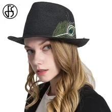 FS Павлин Feathe узор, модная сумка в руку, черные женские фетровые Шапки для Для женщин летние сомбреро классический панама джаз шляпа западный ковбой Кепки s