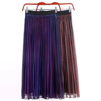 

2018 Summer Spring Korean Style Thin Mesh Reflective Retro Skirt Gradient Color Midi Pleated Skirts High Wasit Vintage Skirts