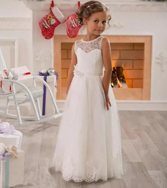 

Little Princess White Lace Flower Girls Dresses for Wedding Crew Neck Floor Length Girls Birthday Dresses