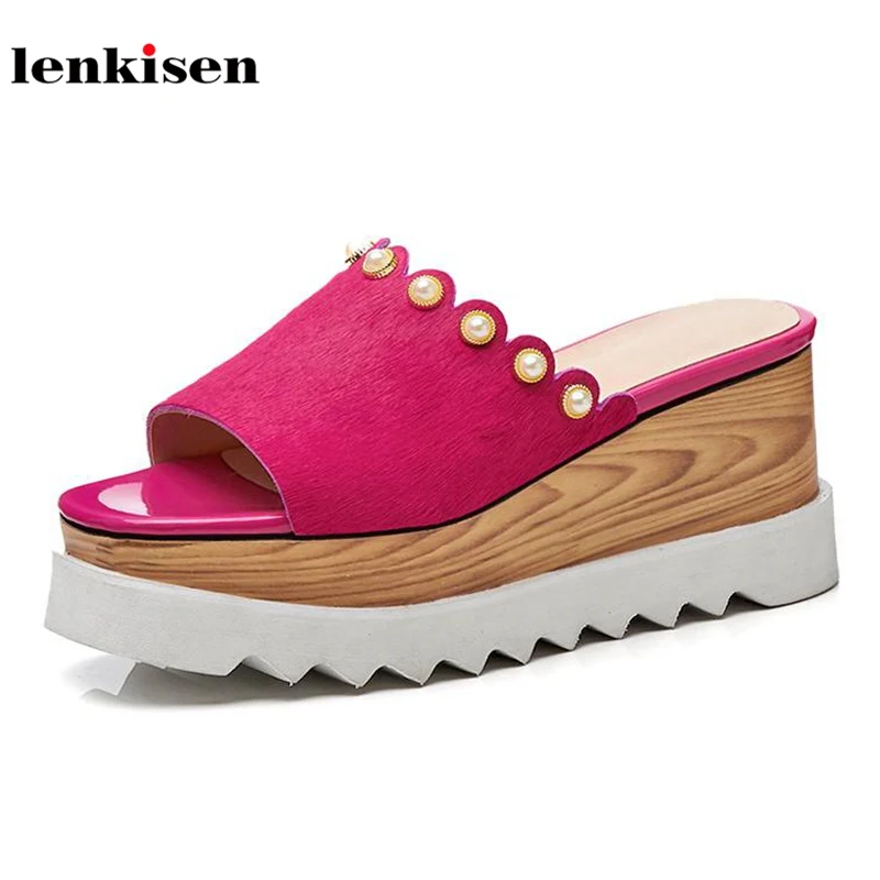 

Lenkisen horsehair slip on pearl decoration new fashion wedges women sandals super high heels platform peep toe summer shoes L31