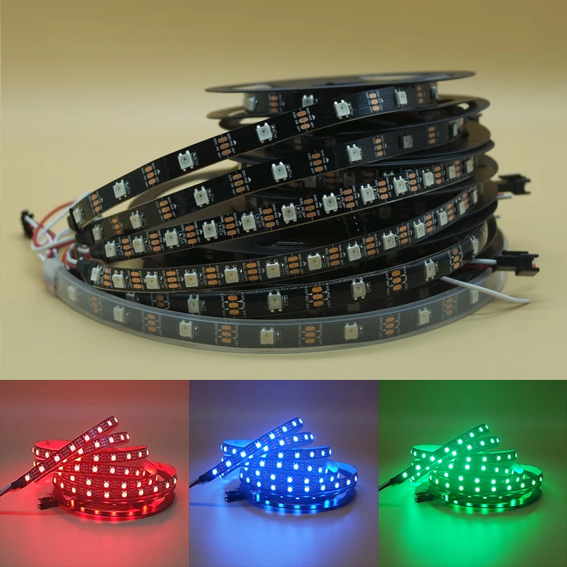 

1m/5m WS2812B 30/60/144 leds/m Smartled pixel RGB individually addressable led strip light Black/White PCB WS2812 IC WS2812B 5V
