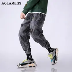 Aolamegs байкерские джинсы мужские черные рваные джинсы мужские s узкие джинсы мешковатые хлопковые брюки низ джинсы мода уличная осень