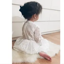 2017 Платье для девочек Кружево белый с длинными рукавами платья принцессы сезон: весна–лето корейский стиль Для детей Одежда для девочек
