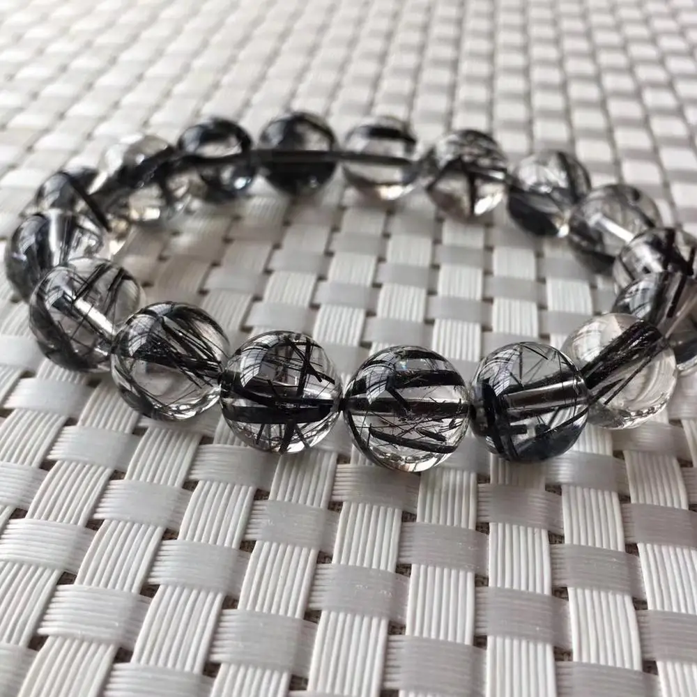 

Newly Natural Black Hair Rutilated Quartz Crystal Women Men 12mm Clear Round Beads Wealthy Stone Bracelet Brazil AAAAA