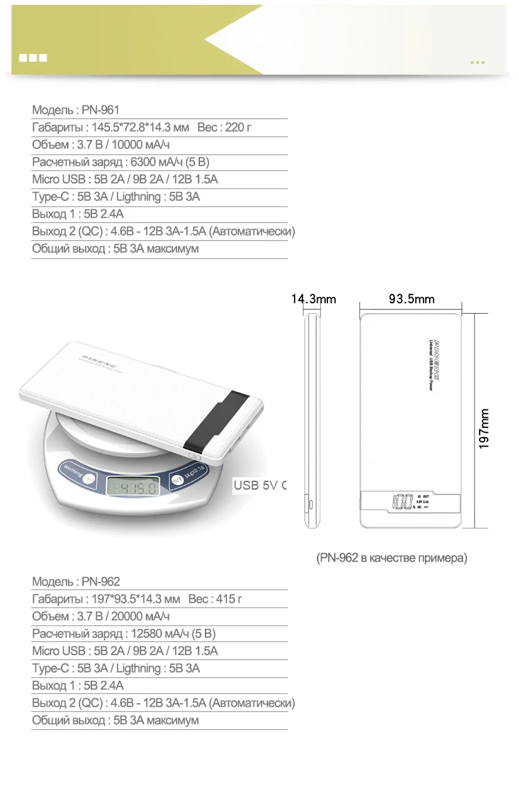 Quick Charge 3,0 PINENG PN961-10000mah/PN962-20000mahUltrathin портативный аккумулятор power для телефона power bank