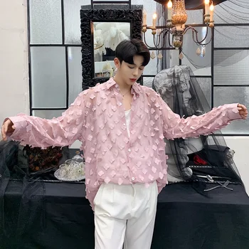 

Men Thin Translucent Loose Long Sleeve Sexy Casual Shirts Male Women Lovers Streetwear Hip Hop Pink Party Dress Shirts