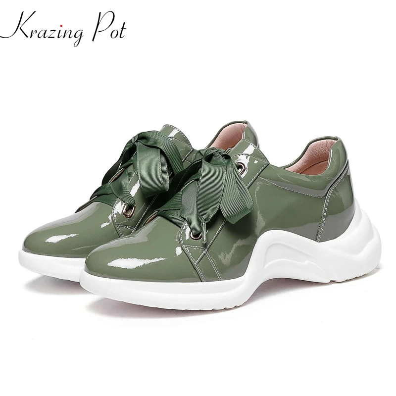 

Krazing Pot 2019 genuine leather platform top quality lace up round toe casual plus size ribbon decoration vulcanized shoes L5f2